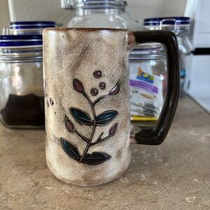 Mara Stoneware Mug Flowers Floral Heavy Tall Stein Leaves Tan Coffee Brown